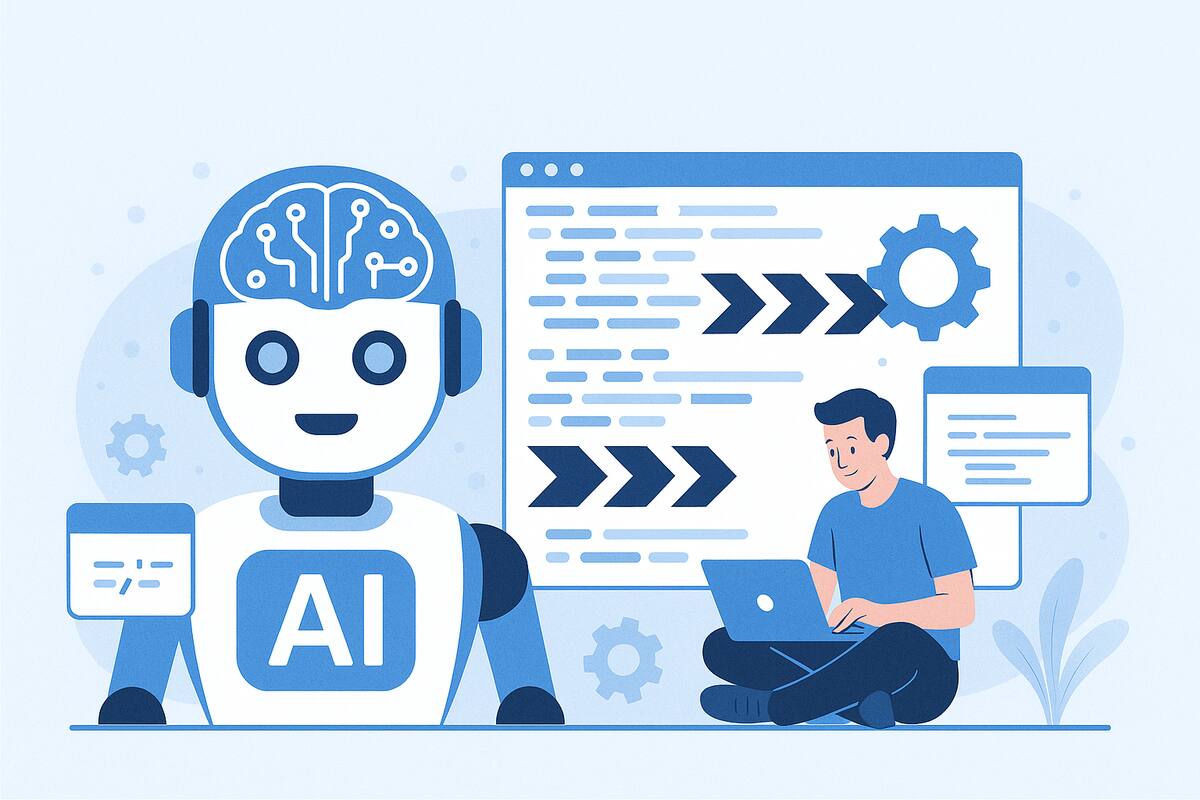 AI robot collaborating with software developer on code generation and development tasks