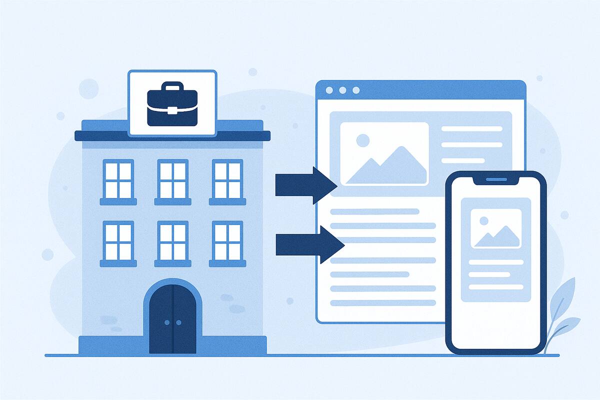 Custom application development showing business building transforming into web and mobile applications