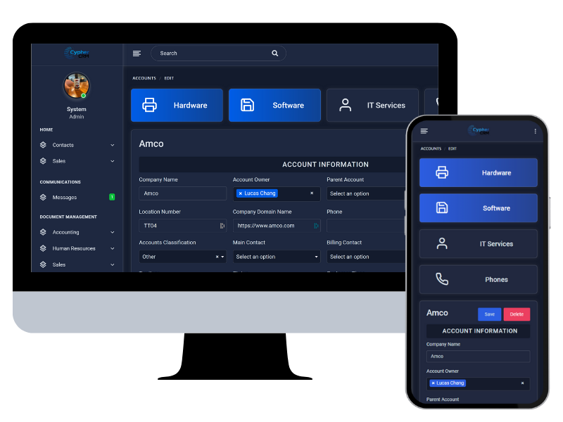 Cypher platform showing desktop and mobile interfaces with account management features